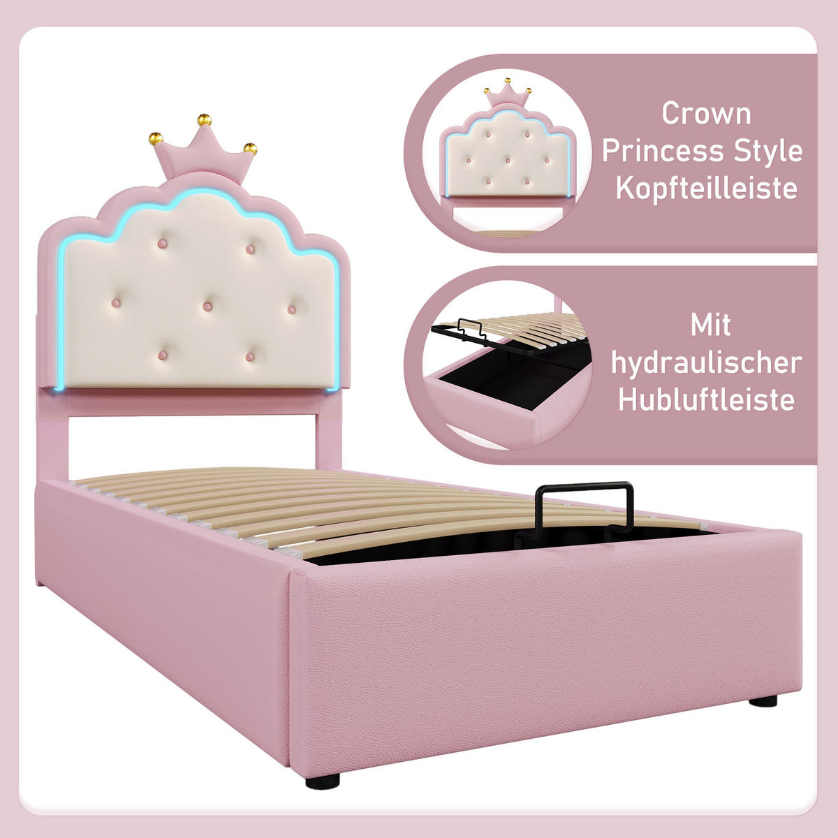 POLSTERBETT 90x200cm Rosa PU Kronprinzessinnenform Hydraulik LED-Licht - Pink, Holz (90/200cm) - FLIEKS