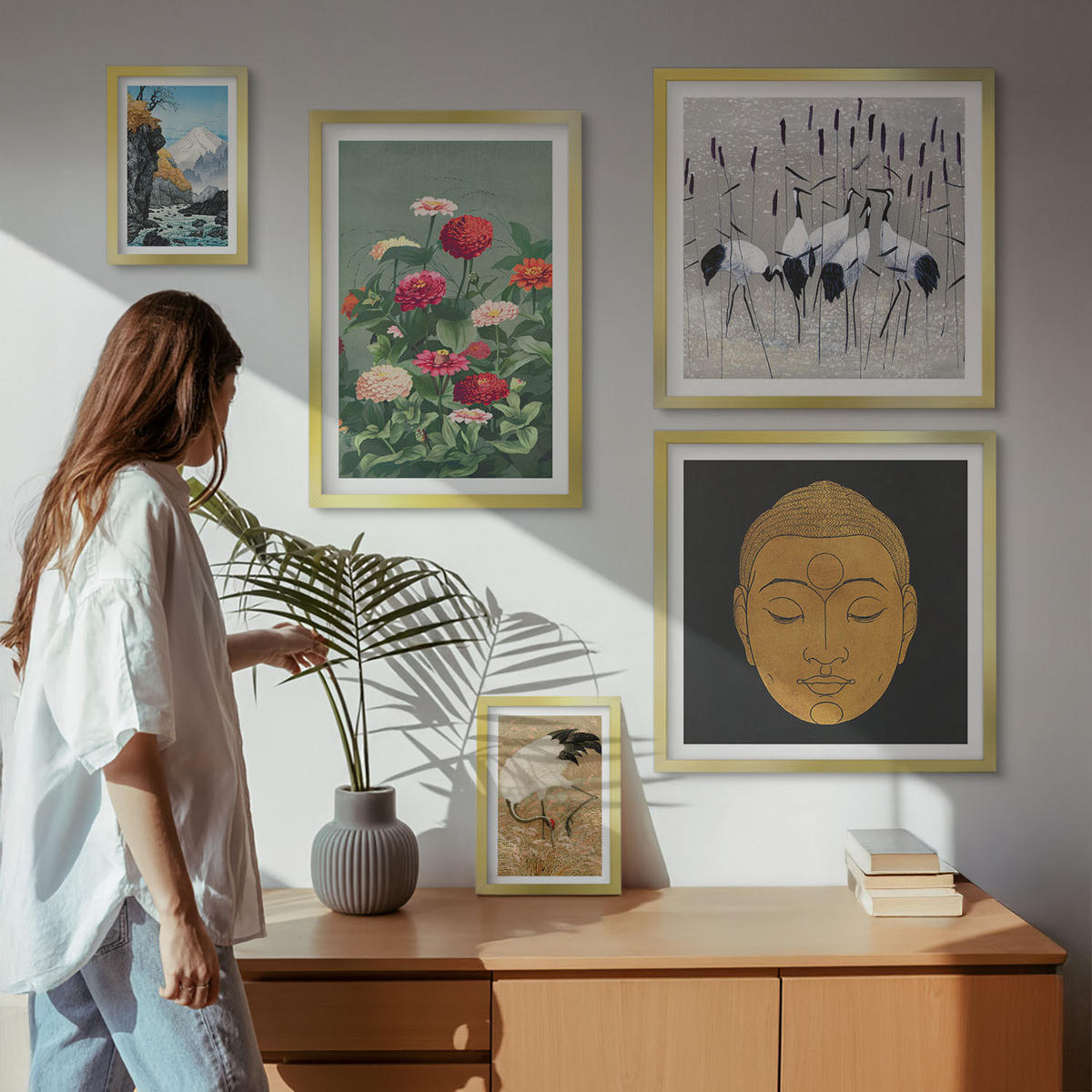 BILDER SET 5er Set - 50x50 cm & 20x30 cm & 40x60 cm Goldrahmen - Abstrakte Berge und Blumen Inspiration - Goldfarben, Kunststoff (40/60cm) - TULUP