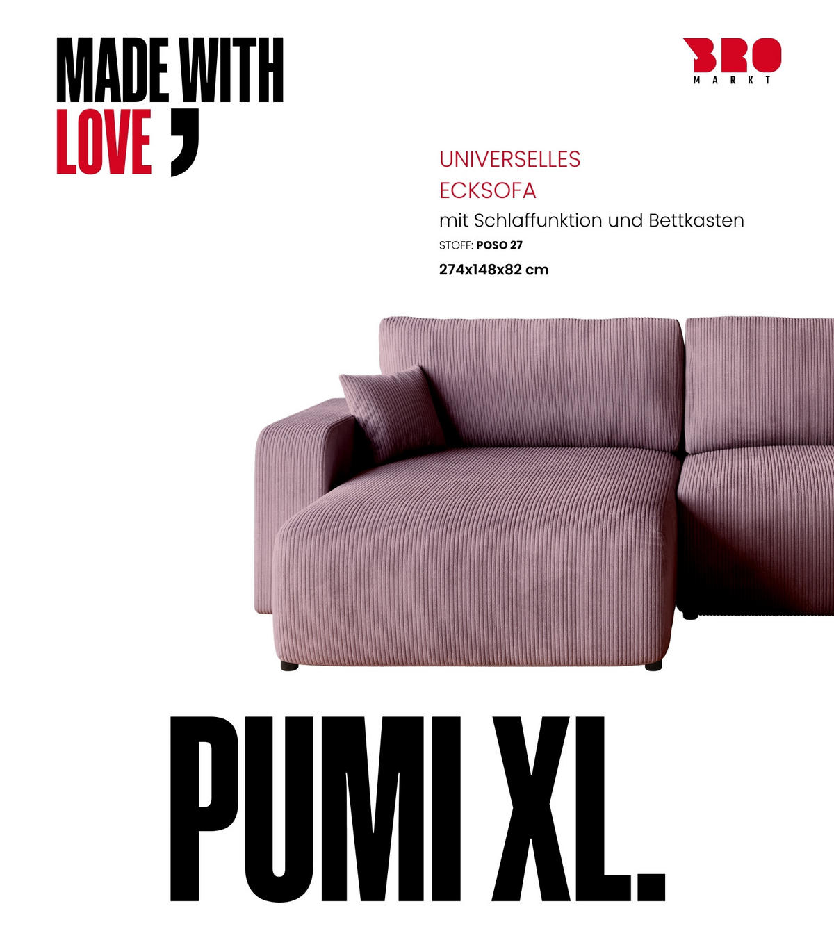 ECKSOFA PUMI XL mit Schlaffunktion Puderrosa Cord - Rosa, Textil (274/148cm) - Bromarkt