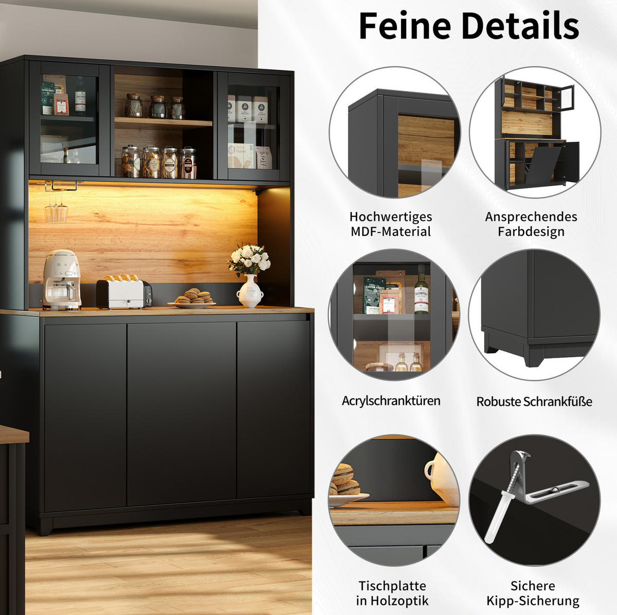 BUFFET 120/40/180 cm schwarz aus MDF mit LED - Schwarz, Holzwerkstoff (120/180/40cm) - OKWISH
