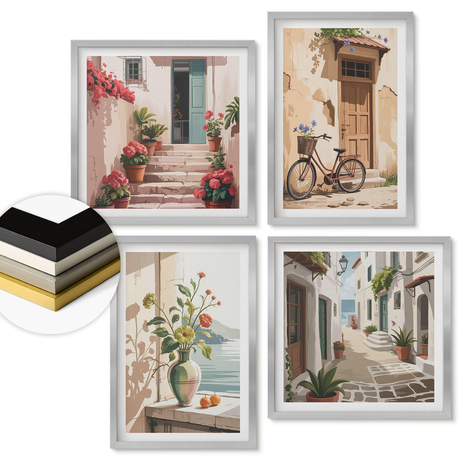 WANDBILDER 4er Set - 50x50 cm & 40x60 cm Silberner Rahmen - Straßenblumen, Fahrrad bemalt - Silberfarben, Kunststoff (50/50cm) - ArtPrintCave