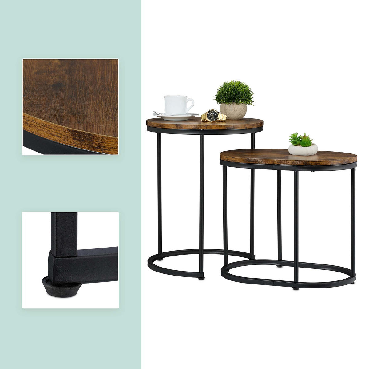 MĂSUȚE Maro Negru 2er-Set MDF metal aspect lemn rotund oval 51x40 cm - multicolor, material plastic/compozit lemnos (40/40/51cm) - Relaxdays