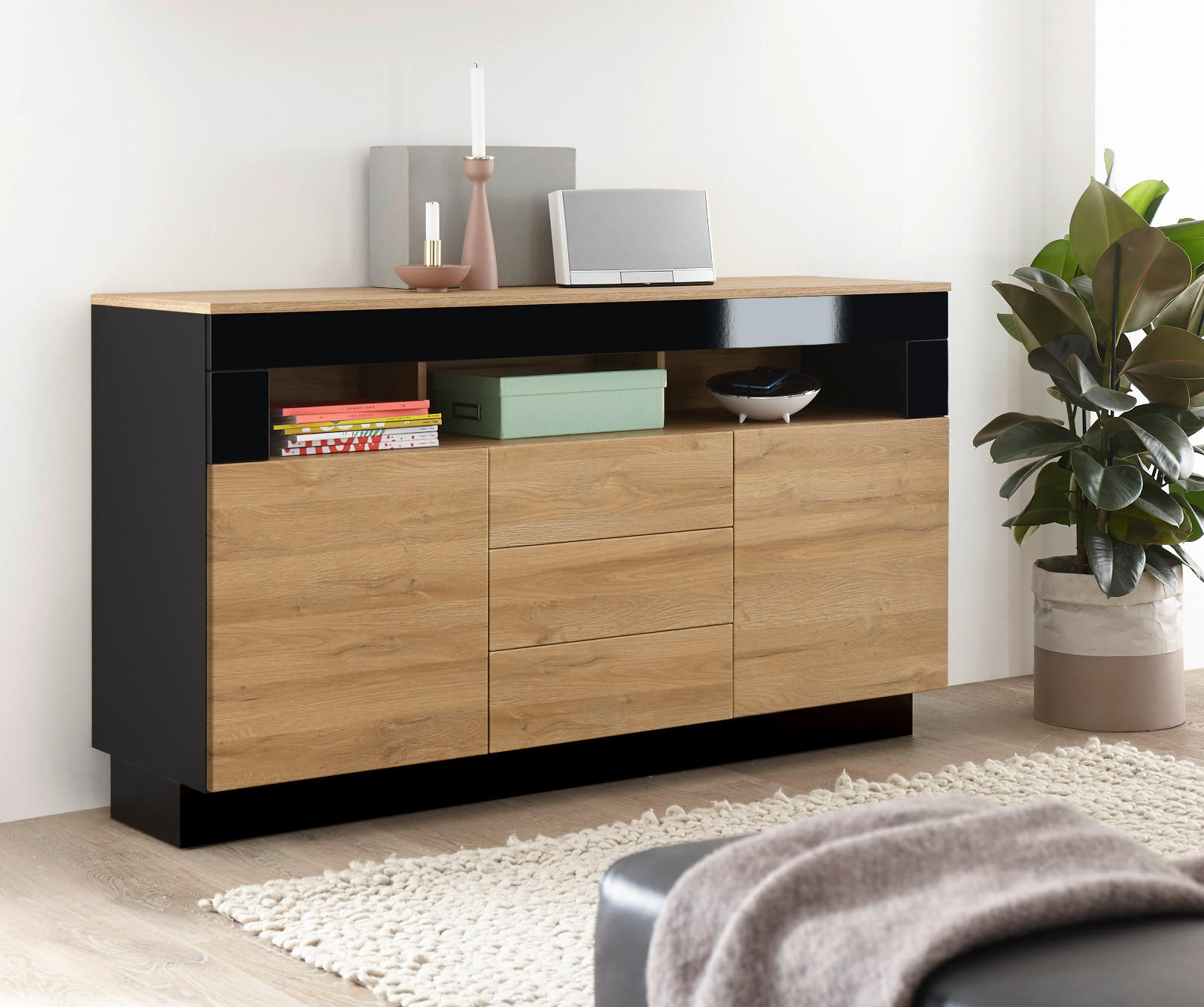 SIDEBOARD Grandson Eiche, schwarz Hochglanz, Kommode 149 x 85 cm - Schwarz Hochglanz/Eichefarben, Holzwerkstoff/Kunststoff (149/85/43cm) - Furn.Design