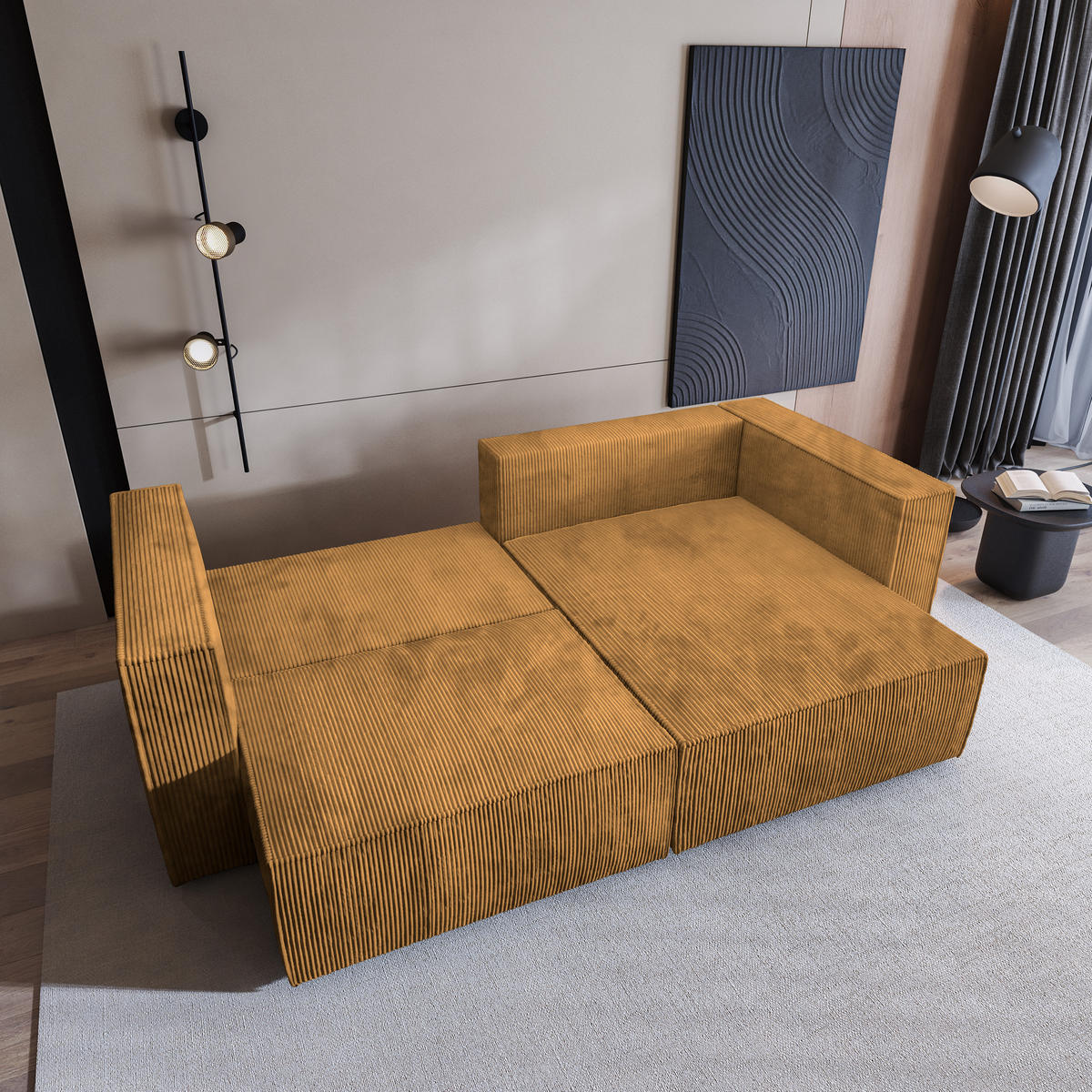 ECKSOFA NERIO P Gelb Kordstoff mit Schlaffunktion - Gelb, Holz (245/148cm) - MASSENO