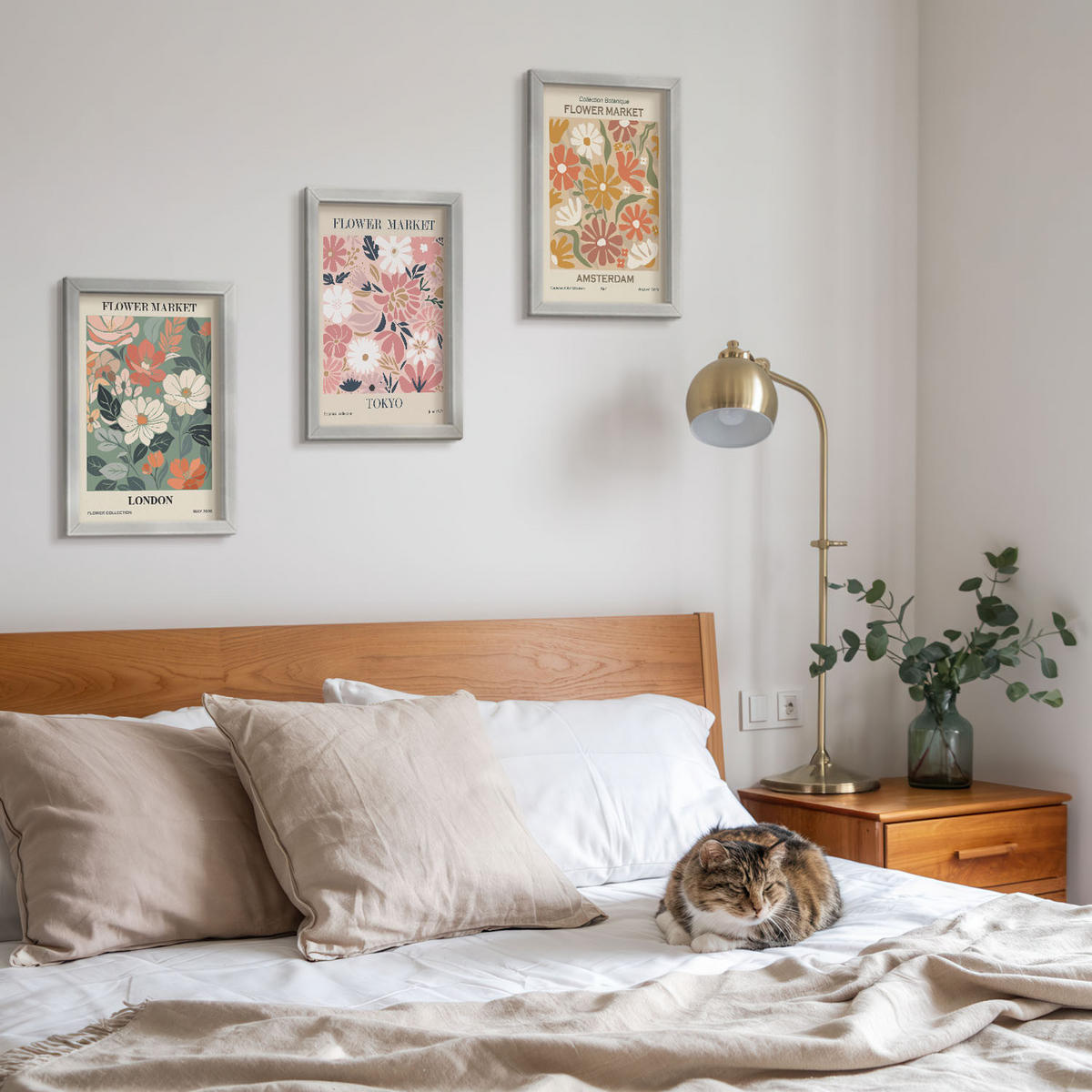 WANDBILDER 3er Set - 20x30 cm Silberner Rahmen - Blumenmuster London Tokio Amsterdam - Silberfarben, Kunststoff (20/30cm) - ArtPrintCave