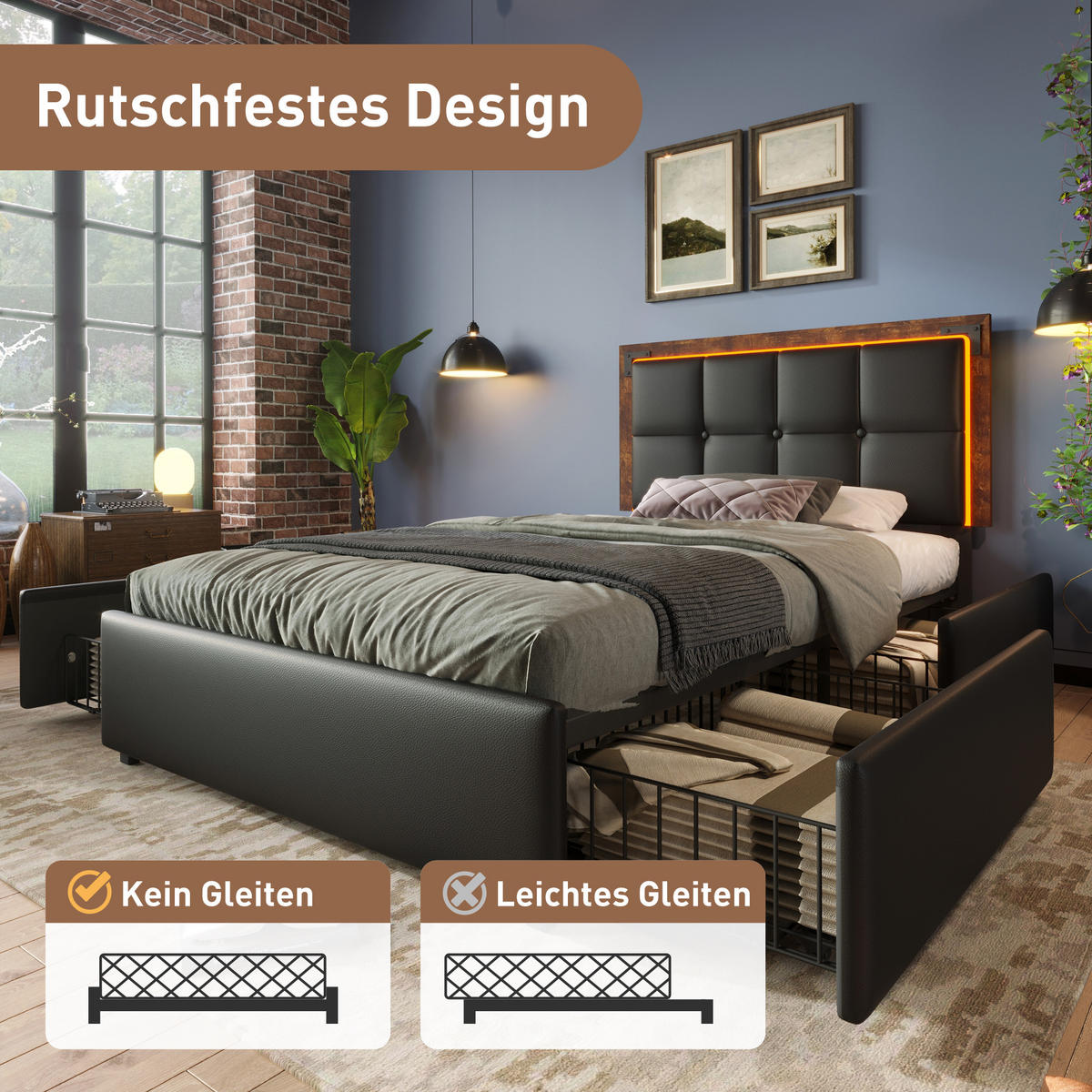 POLSTERBETT 90/200 cm mit LED-Beleuchtung, 4 Schubladen, verstellbarem Kopfteil und PU-Kunstleder, und Matratze,Schwarz - Schwarz, Kunststoff (90/200cm) - Redom