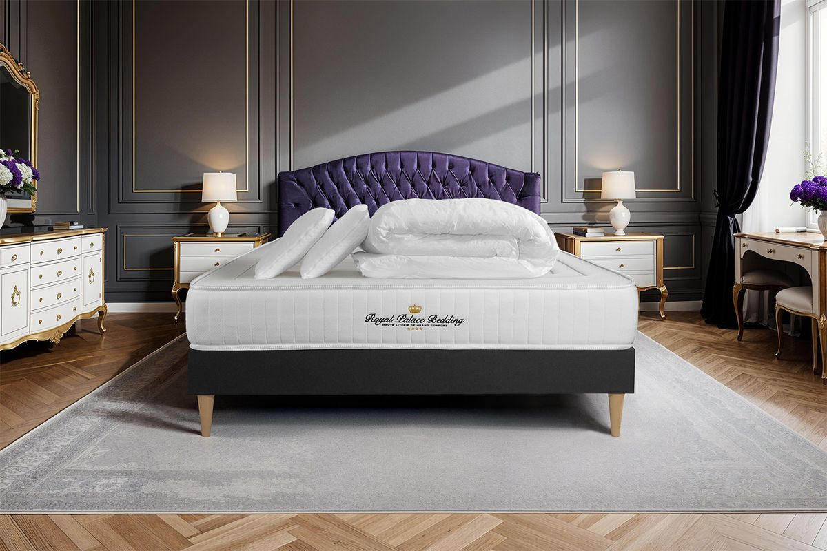 BETT Nottingham Memory-Schaum 200 x 200 cm h3 - Kit Bettgestell Schwarz - Mit Kissen und Bettdecke - Beige/Schwarz, Karton/Holz (200/200cm) - ROYAL PALACE BEDDING
