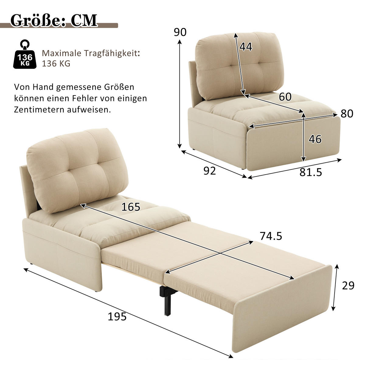 SCHLAFSOFA 92/81.5/90 cm Beige mit Aufbewahrungstasche - Beige, Textil (81.5/90/195cm) - Oxeza