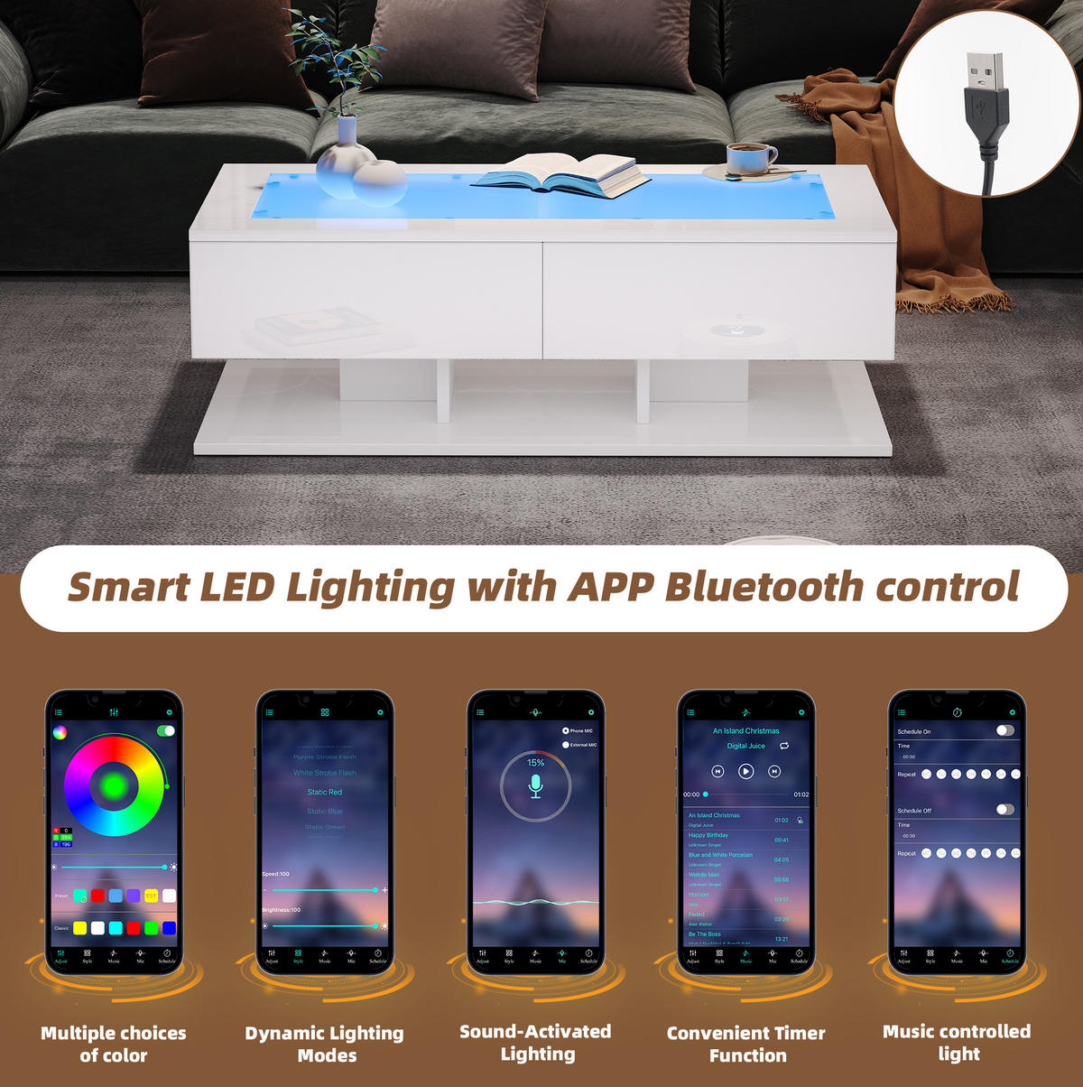 COUCHTISCH 100/50/35 cm Weiß aus Spanplatte und Glas mit LED-Licht und 2 Schubladen - Weiß, Holzwerkstoff (100/50/35cm) - OKMYHOME