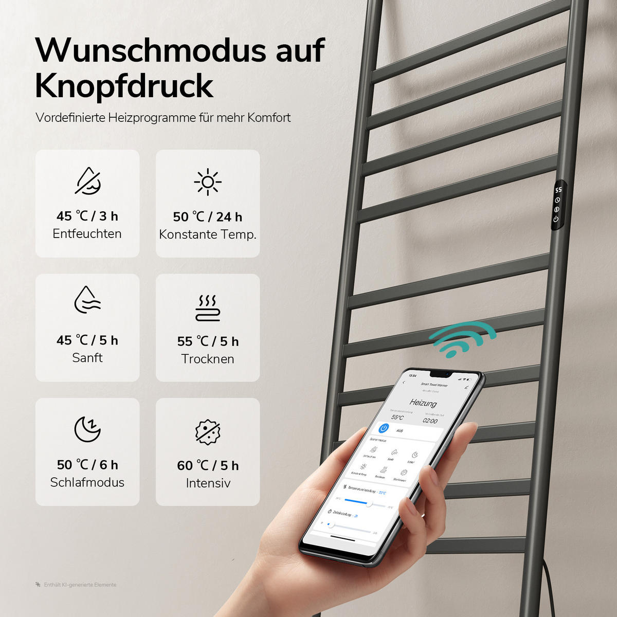 HANDTUCHHALTER elektrisch Anlehnmodell mit LED Touch Display/App-Steuerung Anthrazit 160/55 cm - Anthrazit, Metall (55/160/3.2cm) - EMKE