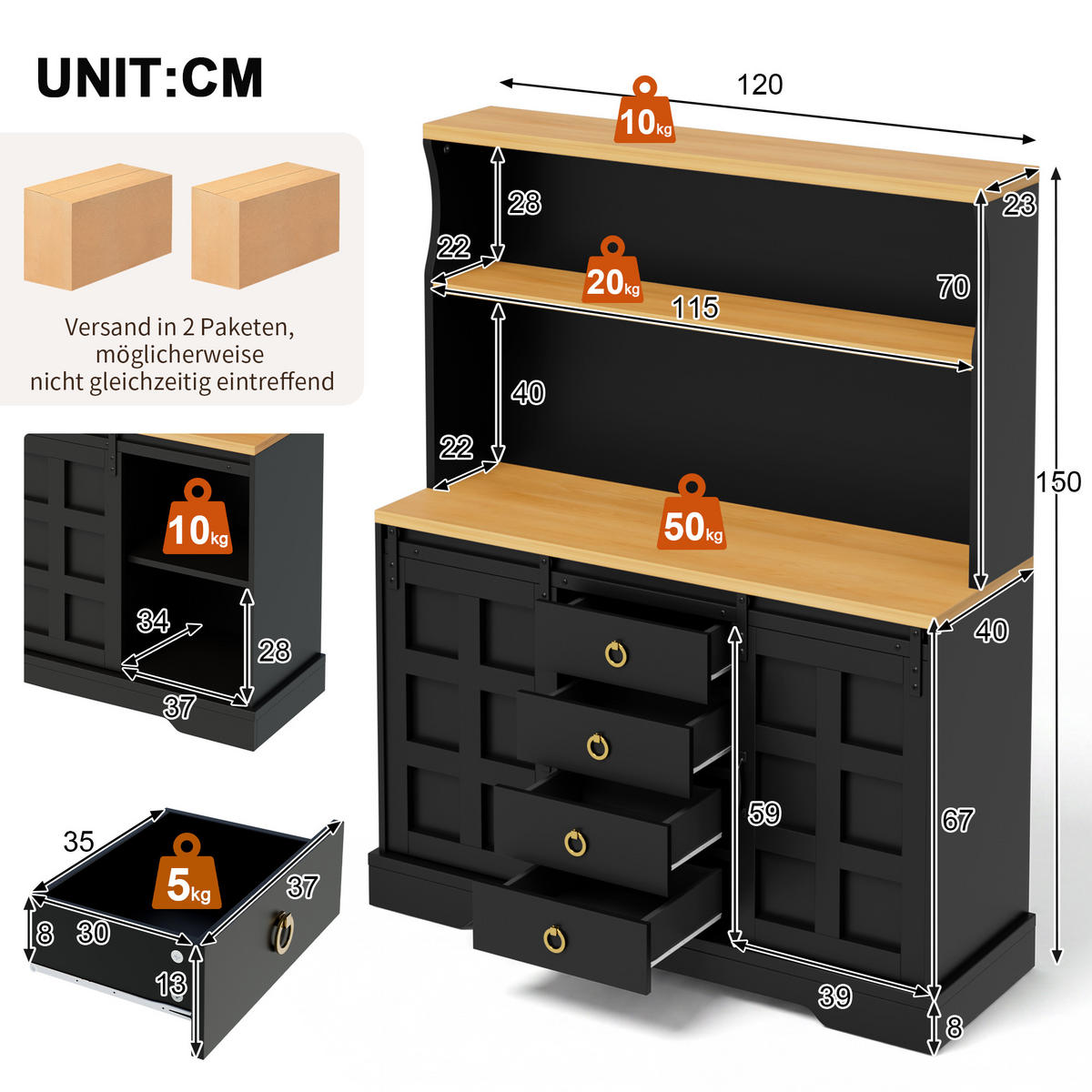 BUFFET 150 cm MDF Schwarz Scheunenstil mit RGB-LED und Weinregal - Schwarz, Holzwerkstoff (40/150/120cm) - Korfee