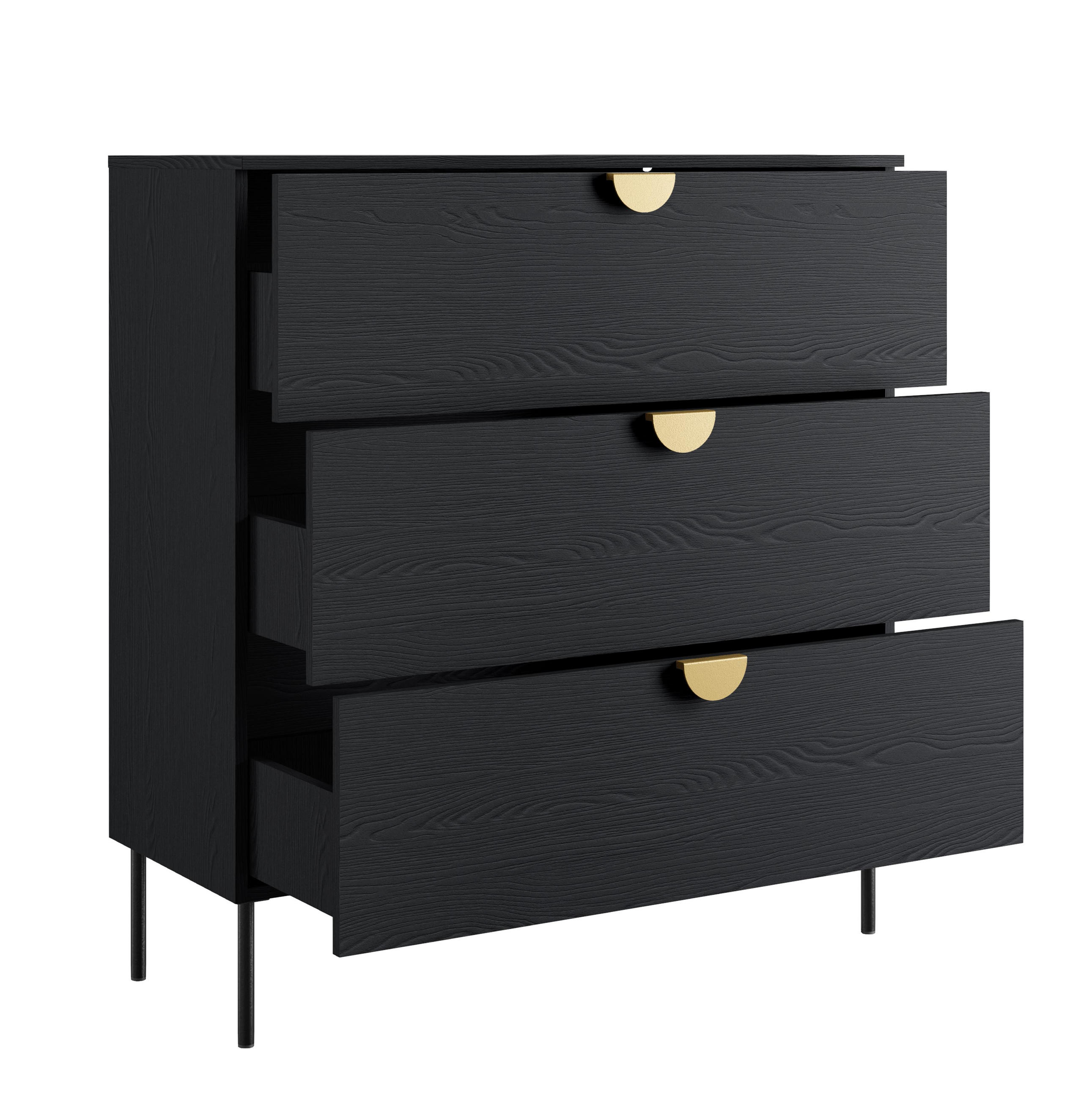 SIDEBOARD Brunelli 3S Schwarz 100/100,7/40 cm – mit geräumigen Schubladen - Schwarz, Holzwerkstoff/Metall (100/100.7/40cm) - AX Living