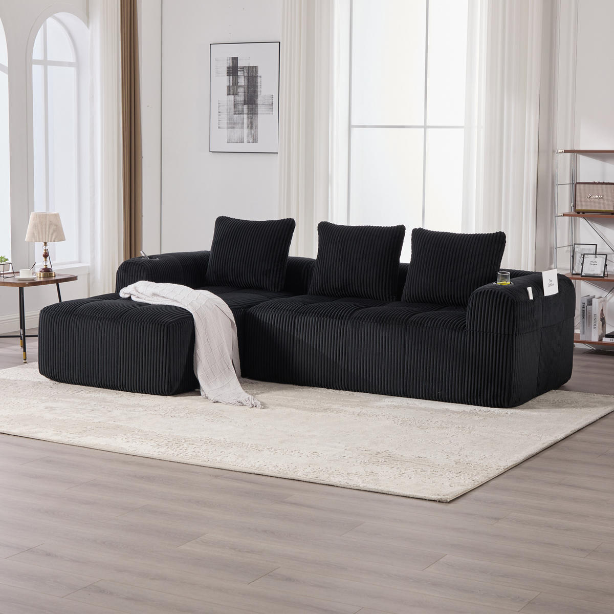 KOMPAKTSOFA aus Cord 253x158x61 cm in Schwarz mit Seitenfächern & Becherhaltern - Schwarz, Textil (158/61/253cm) - Modfu