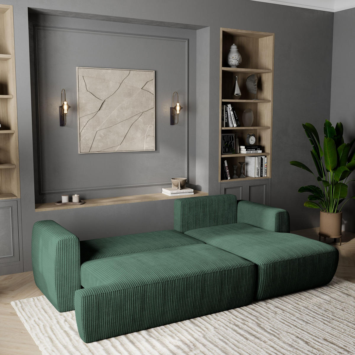 ECKSOFA SENTI P R-S Grün Kordstoff mit Schlaffunktion - Grün, Holz (246/148cm) - MASSENO