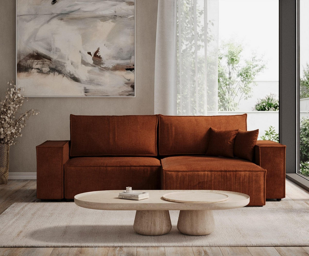 ECKSOFA CAVO mit Schlaffunktion Kupfer im Wind Stoff - Schwarz/Kupferfarben, Holz/Holzwerkstoff (255/148cm) - AltaBeds