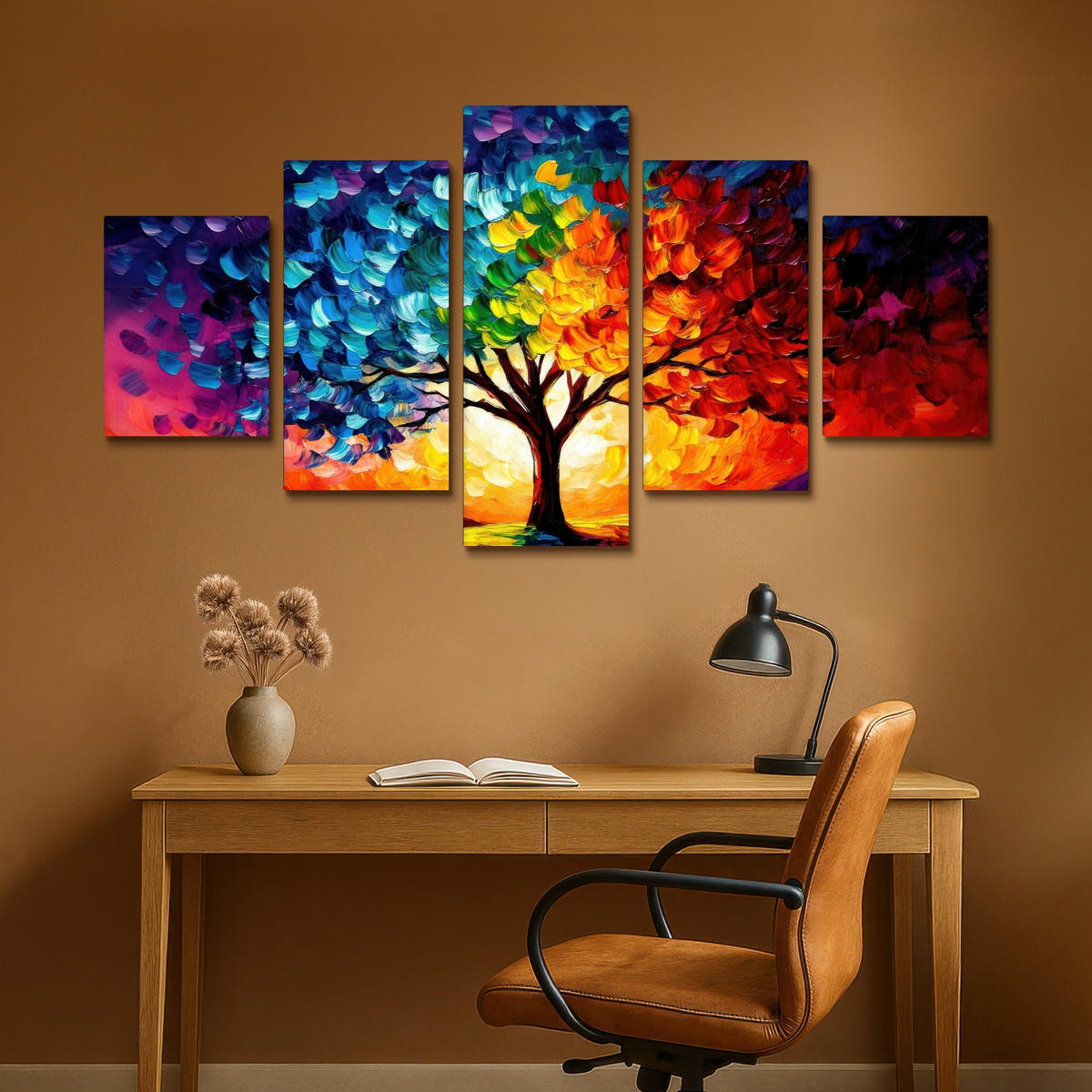 LEINWANDBILD 5er Set Baum - Farbenfroh - Malerei-Look - Abstrakt 150x80 cm - Multicolor, Textil (150/80cm) - MuchoWow
