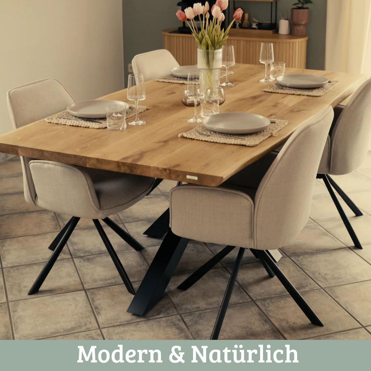 ESSTISCH Massivholz mit Baumkante RAGNAR 180x85 cm Eichenholz X-Hora Gestell - Braun, Holz/Metall (85/180/76cm) - DELUKE