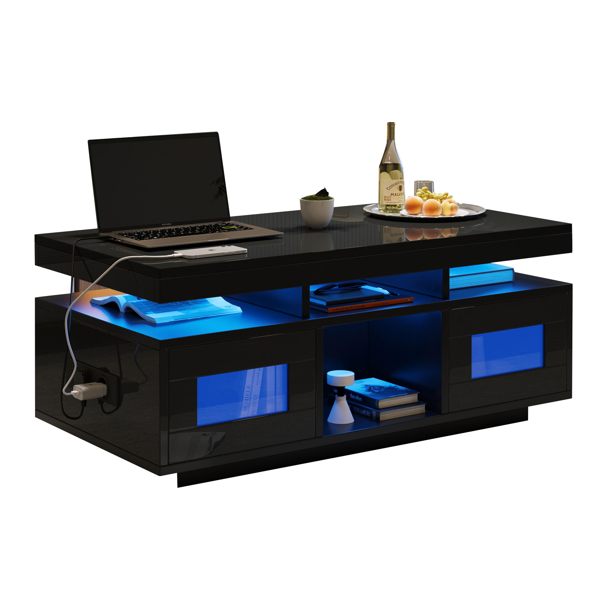 COUCHTISCH 100/50/43 cm Schwarz aus Spanplatte mit LED und Steckdose - Schwarz, Holzwerkstoff (100/50/43cm) - OKMYHOME