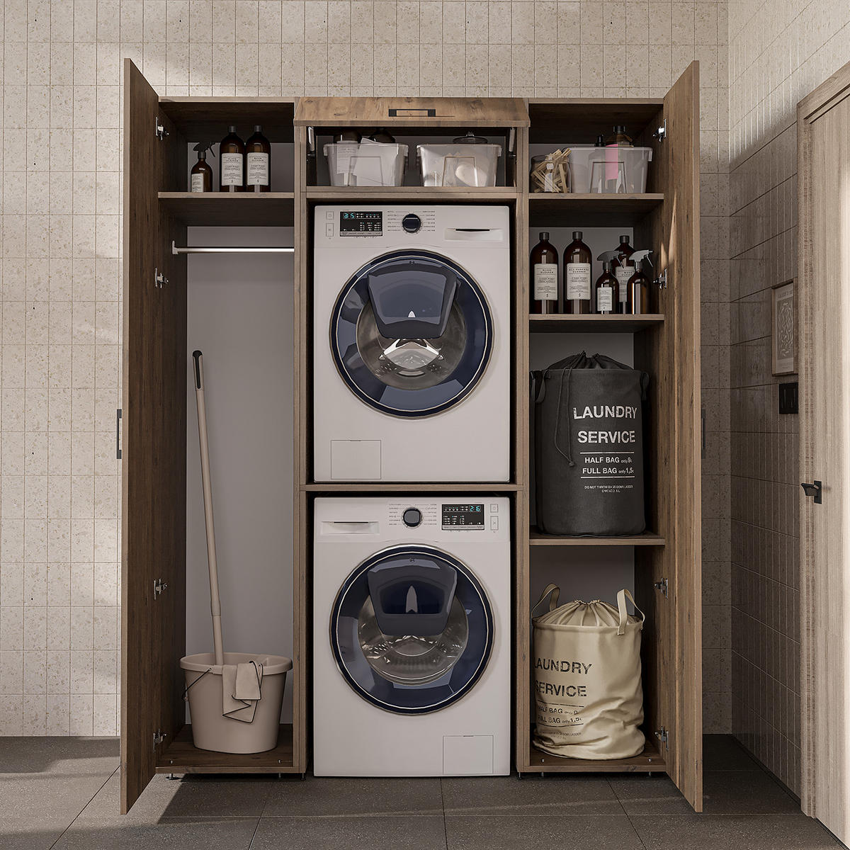WASCHMASCHINENSCHRANK DUO-II 157cm Breit, 205cm Hoch - Eichefarben, Holzwerkstoff (157/205/67cm)