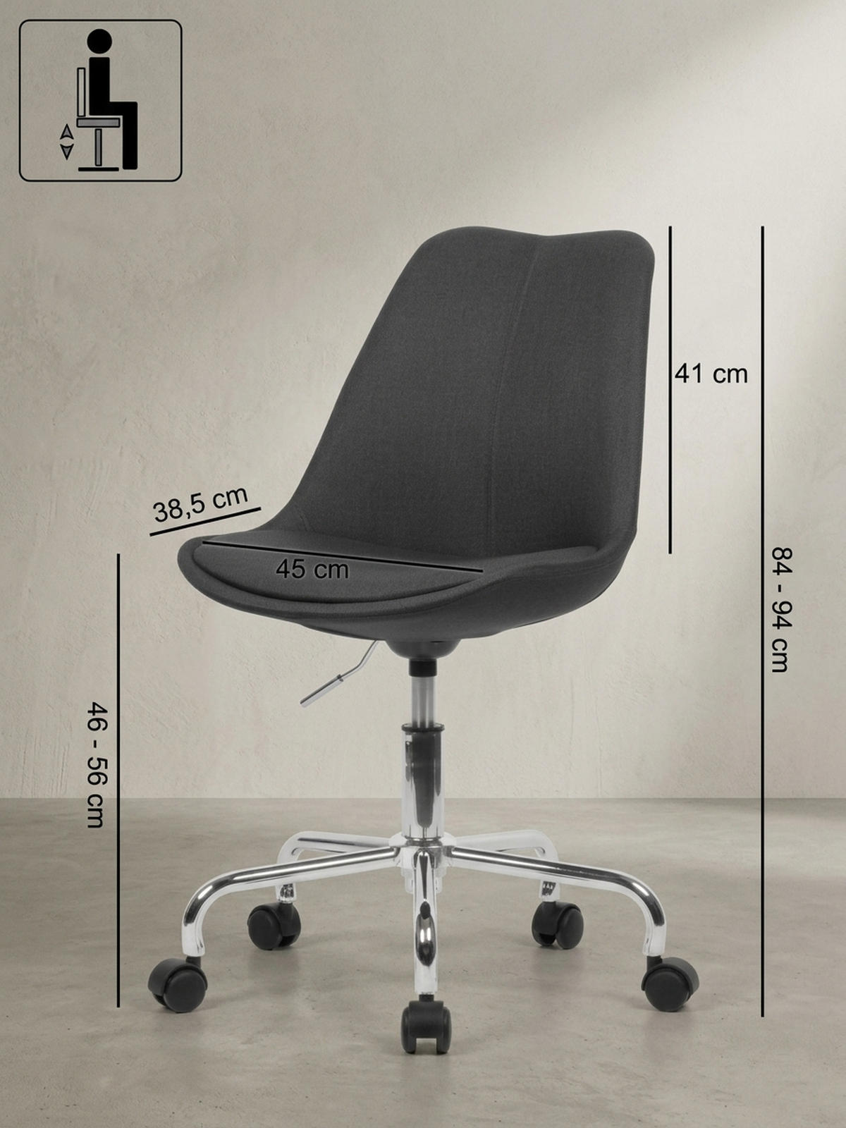SCHALENSTUHL mit 360° Drehfunktion MESCHIO, Schwarz 65x65x94 cm - Silberfarben/Schwarz, Textil/Metall (65/94/65cm) - KADIMA DESIGN