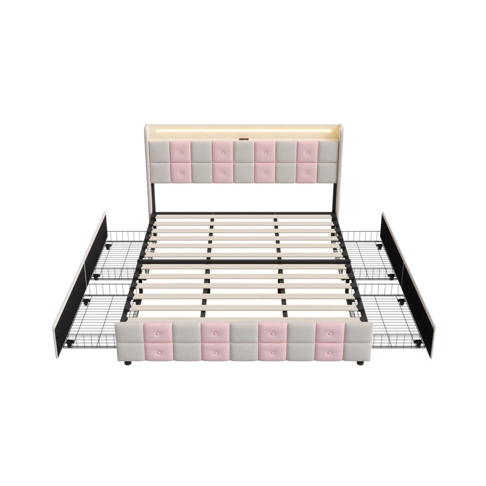 POLSTERBETT 140x200 cm - mit LED-Beleuchtung&USB-Ladefunktion und 4 Schubladen - ohne Matratze - Weiß-Rosa - Pink, Textil (140/200cm) - DELFA