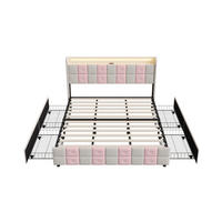 POLSTERBETT 140x200 cm - mit LED-Beleuchtung&USB-Ladefunktion und 4 Schubladen - ohne Matratze - Weiß-Rosa - Pink, Textil (140/200cm) - DELFA