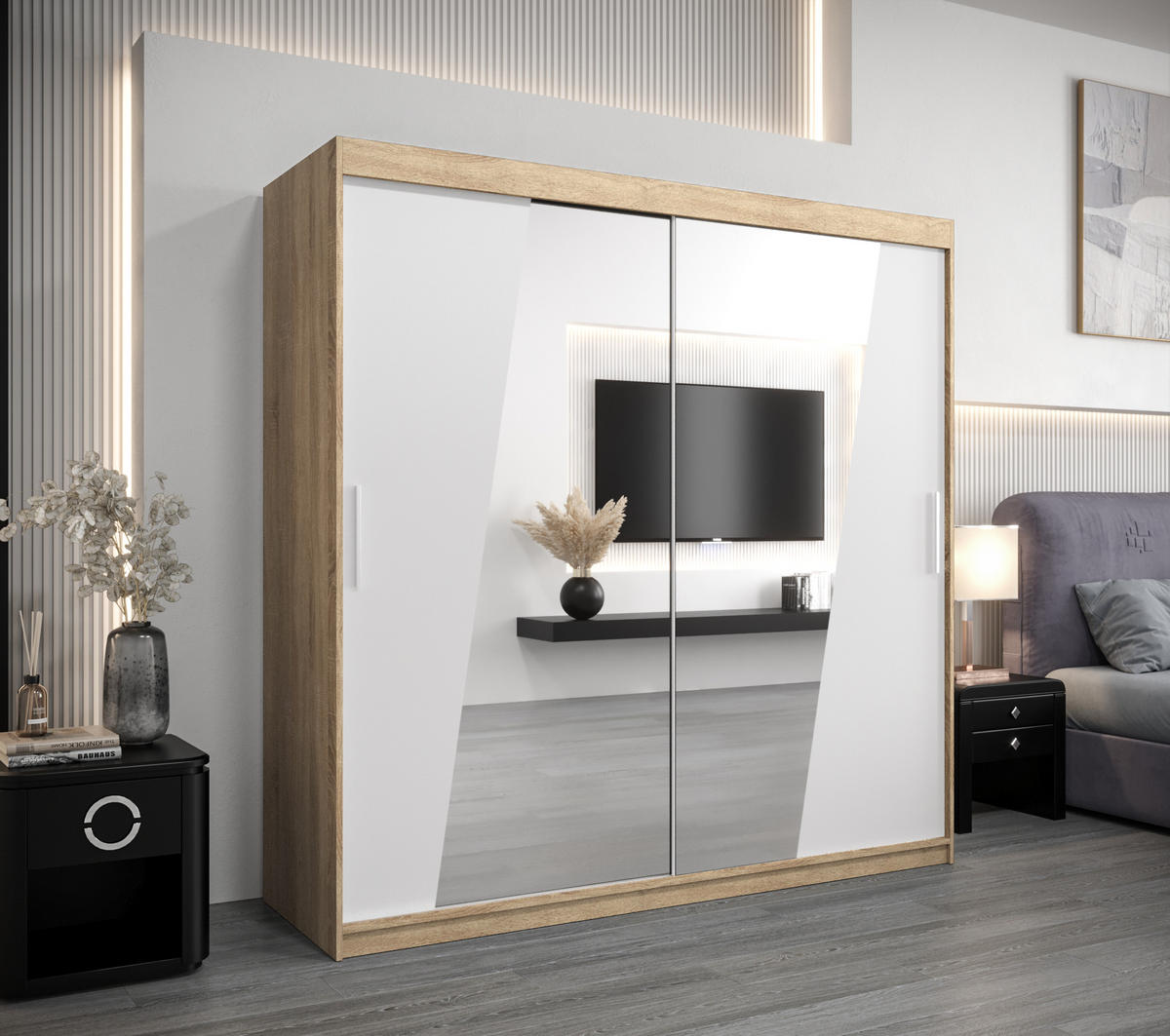 SCHWEBETÜRENSCHRANK 200/200/62 2-türig - Silberfarben/Weiß, Holz/Kunststoff (200/200/62cm) - Abiks Möbel