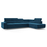 ECKSOFA HESTION Blau Velours-Stoff mit Schlaffunktion - Blau, Holz (332/190cm) - MASSENO