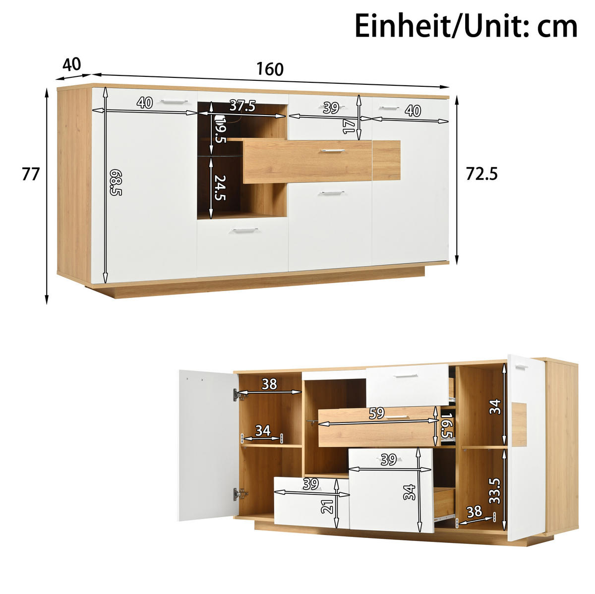 KOMMODE aus MDF 160x40x77cm in Natur mit LED-Beleuchtung - Naturfarben, Holzwerkstoff (160/77/40cm) - Modfu