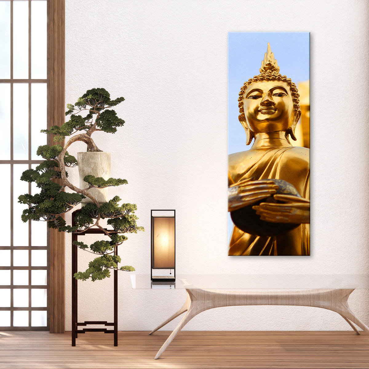 WANDBILD goldene buddha statue - Goldfarben, Textil (30/90cm) - Feeby