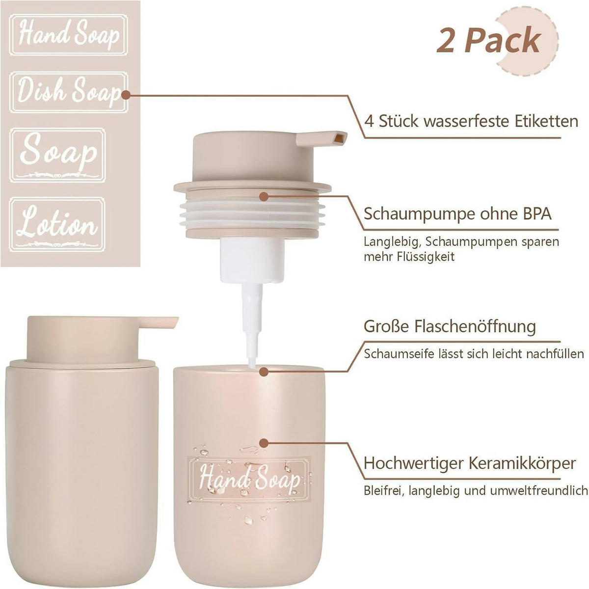 SCHAUMSEIFENSPENDER Keramik Khaki 350 ml - Beige, Keramik (8/14/8cm)