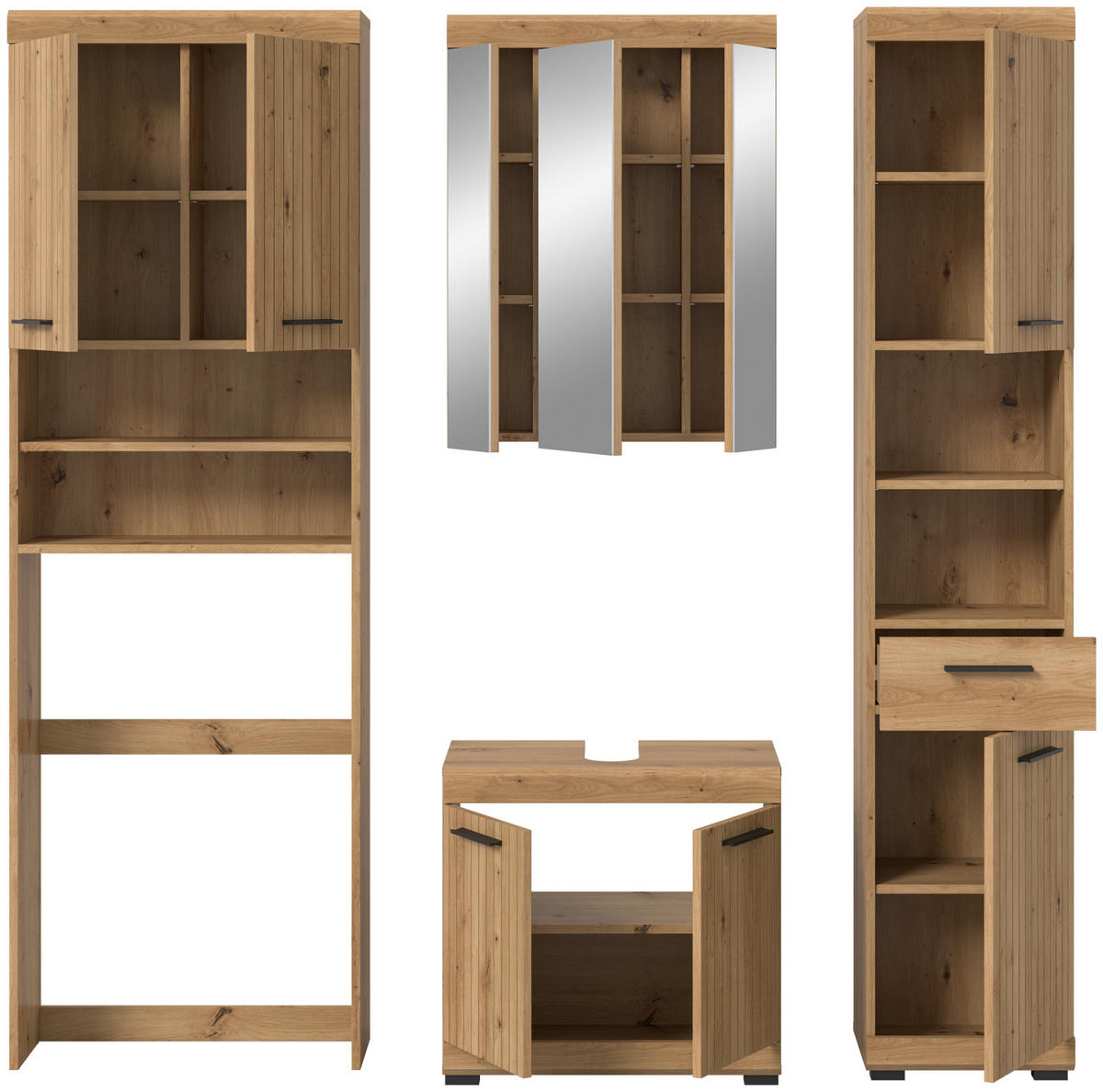 BADMÖBEL-SET 4-teilig Eiche Artisan 190 x 191 cm, Komplettset mit viel Stauraum - Schwarz/Eiche Artisan, Glas/Holzwerkstoff (190/191/34cm) - Inn.Furn