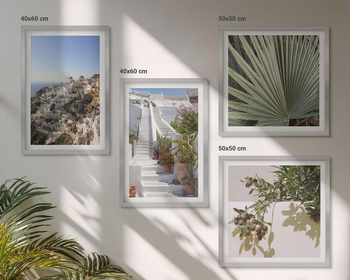WANDBILDER 4er Set - 50x50 cm & 40x60 cm Silberner Rahmen - Weiße Treppe mit Blick auf Santorini - Silberfarben, Kunststoff (50/50cm) - ArtPrintCave