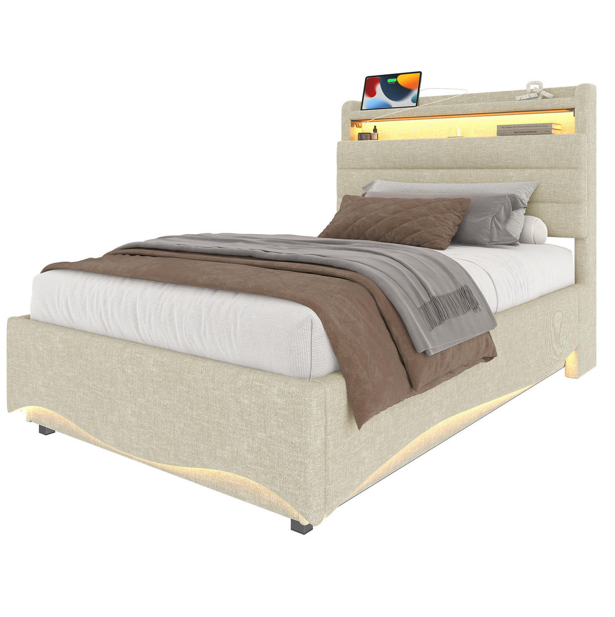 POLSTERBETT 90/200 cm Beige aus Leinen mit Stauraum, LED und USB- und Type-C-Anschlüssen - Beige, Textil (90/200cm) - Flora Grace