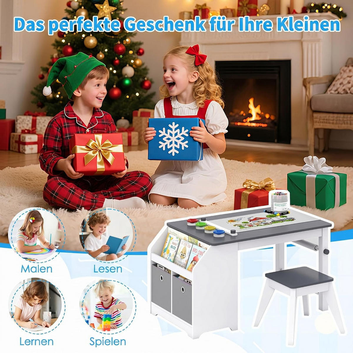 KINDERTISCH-SET mit Stauraum grau(2-tlg) - Grau, Holzwerkstoff (91/49.5/54cm) - COSTWAY