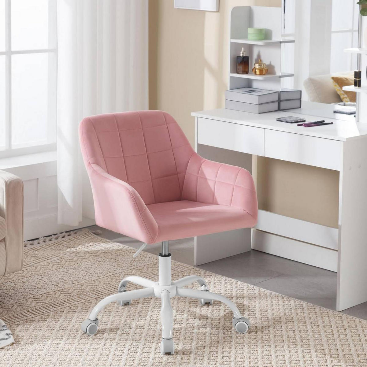 DREHSTUHL drehbar, Bürostuhl ergonomisch, Samt, Rosa - Weiß/Rosa, Kunststoff/Textil (58/77/61cm) - Woltu