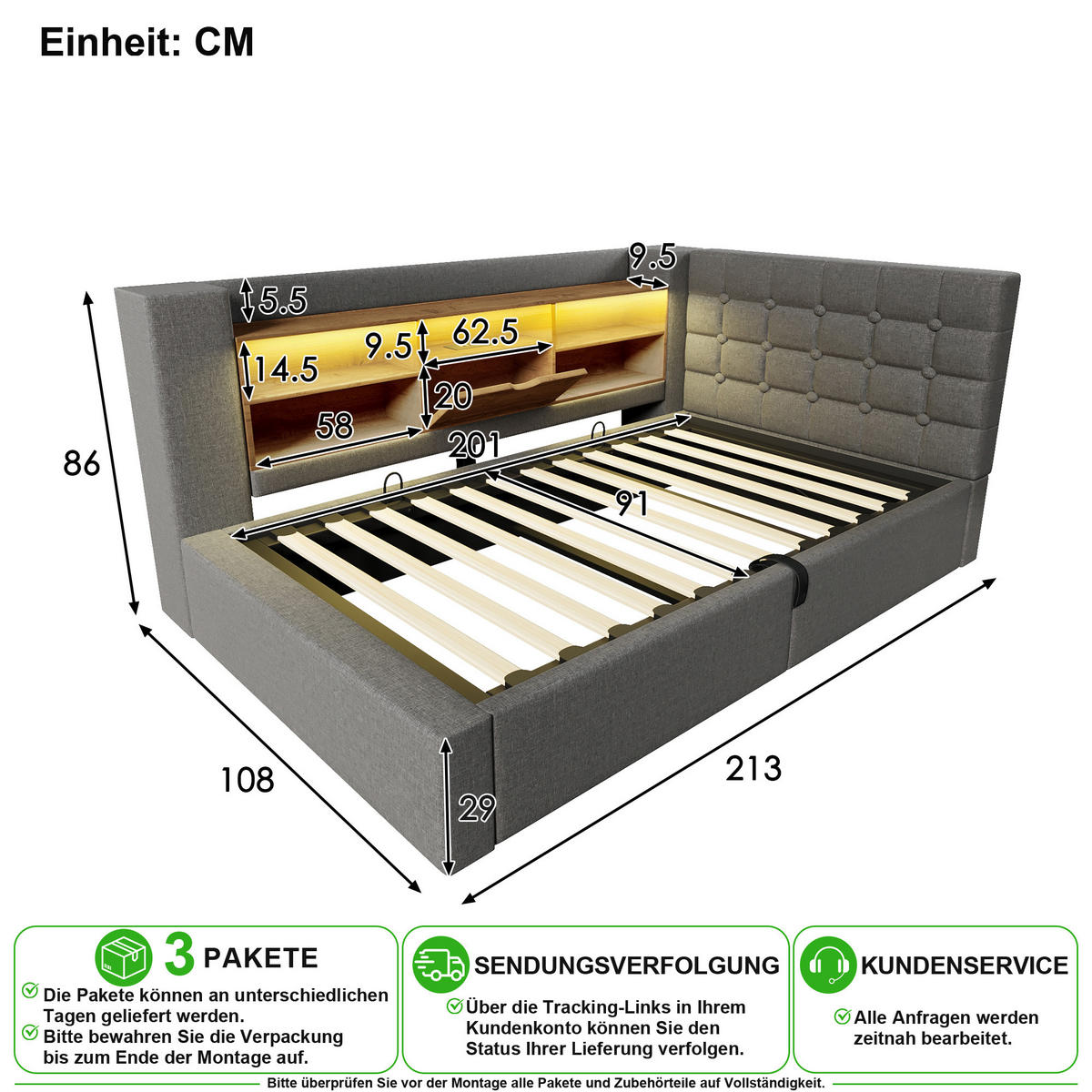 POLSTERBETT 90/200 cm in Grau Leinen mit Bettkasten, USB und Matratze - Grau, Holzwerkstoff/Textil (90/200cm) - CHICFURN