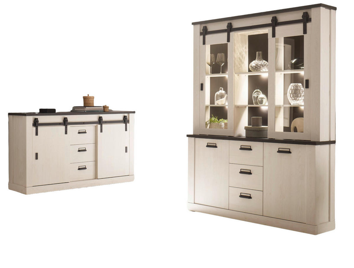 ESSZIMMER-SET weiß Pinie, anthrazit Landhaus, Wohnkombination 2-teilig mit Buffetschrank - Anthrazit/Weiß, Holzwerkstoff/Metall (315/201/43cm) - Furn.Design