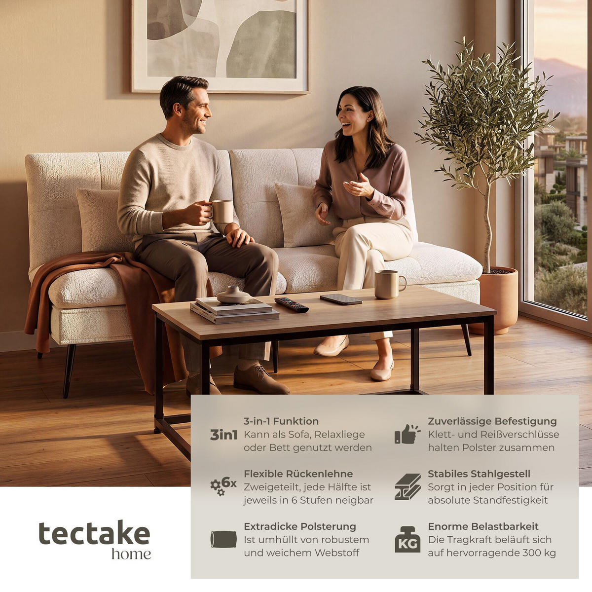SCHLAFSOFA Tokio, Belastbarkeit 300 kg, 175 x 66 x 87 cm, creme-weiß - Creme/Weiß, Kunststoff/Textil (108/45/175cm) - tectake