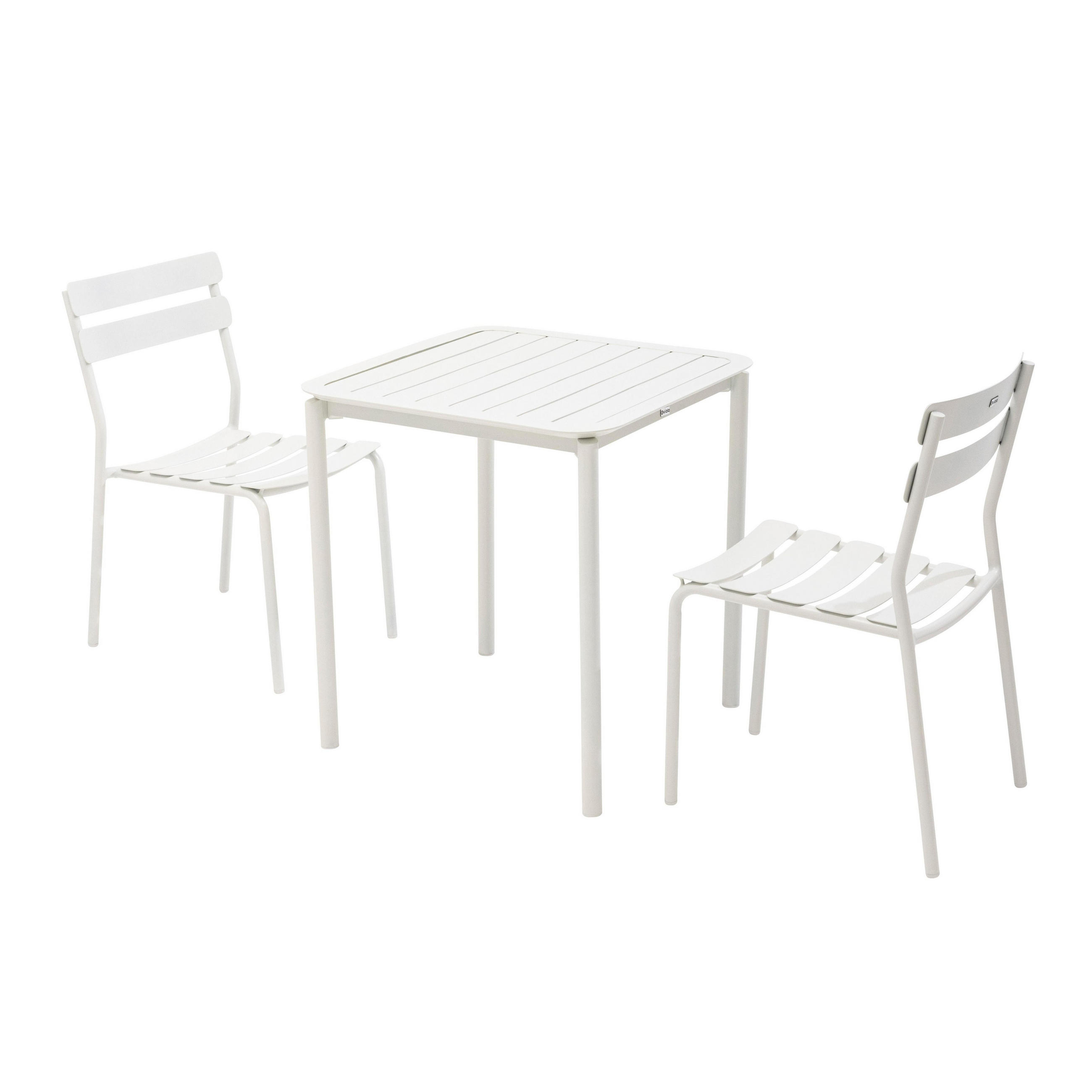 GARTENSET, quadratisch (70 x 70cm) und 2 Stühle, Weiß - Weiß, Metall - Oviala