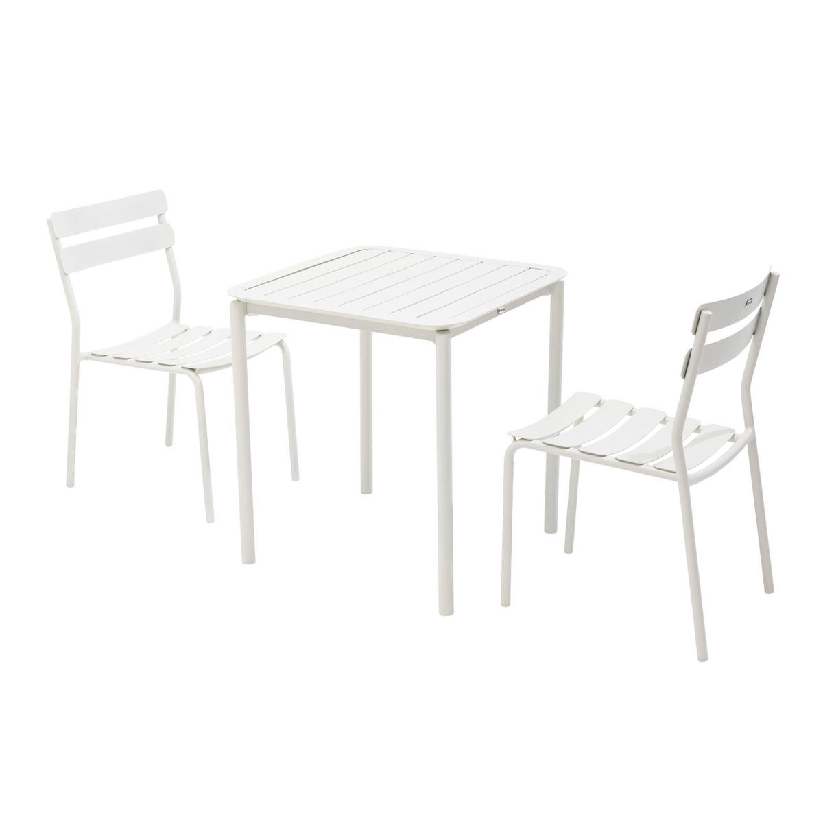 GARTENSET, quadratisch (70 x 70cm) und 2 Stühle, Weiß - Weiß, Metall - Oviala