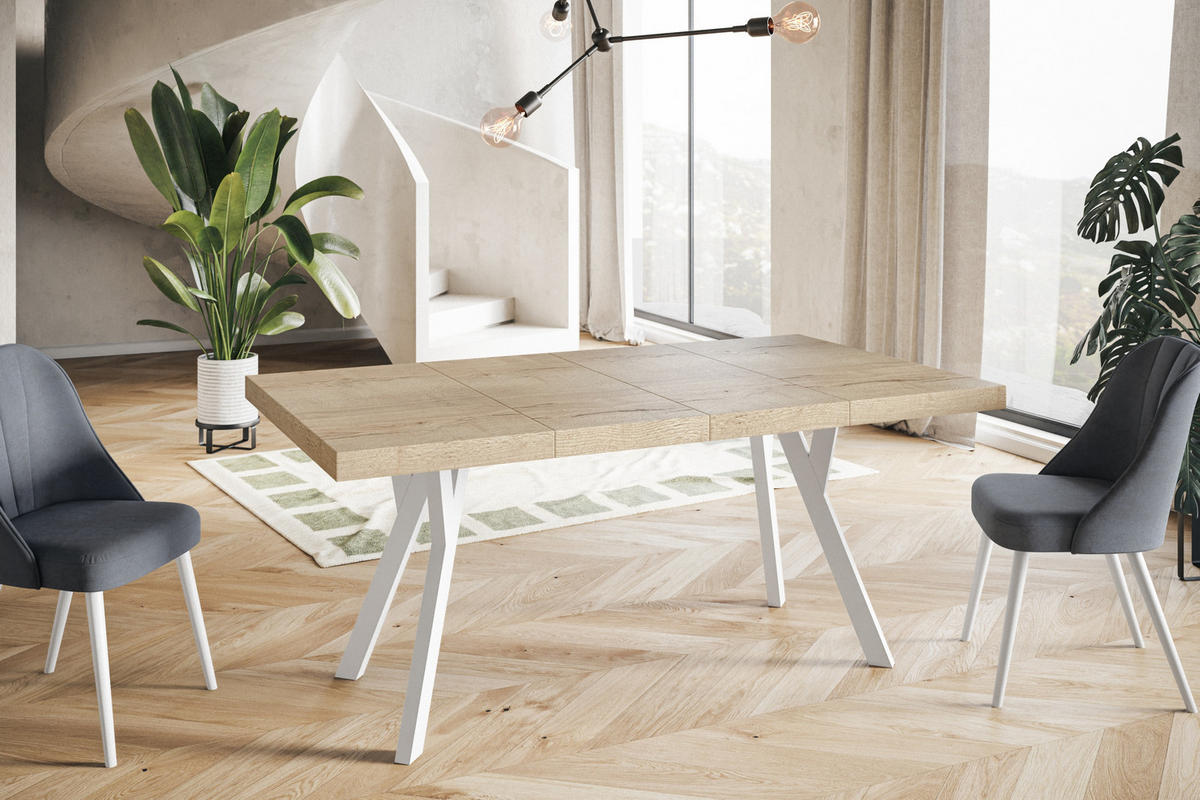 ESSZIMMERTISCH RICO, ausziehbarer Tisch120-220X120X77 cm, Farbe: HALIFAX, mit Holzbeinen in Farbe Weiß - Weiß/Naturfarben, Holzwerkstoff (120/120/77cm) - Alpi-Möbel