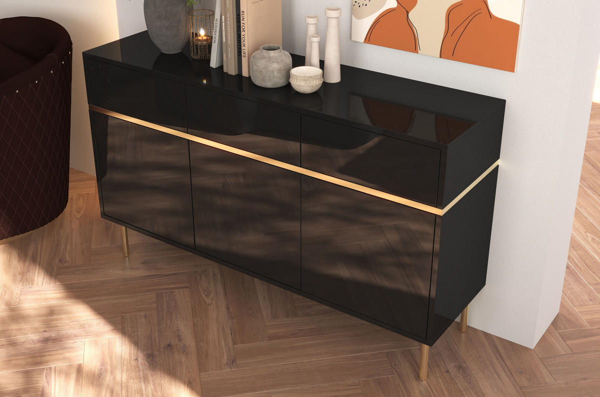 SIDEBOARD Marika, Schwarz, Gold, Hochglanz - Goldfarben/Schwarz, Holzwerkstoff/Metall (137.5/85/39.5cm) - Dancan