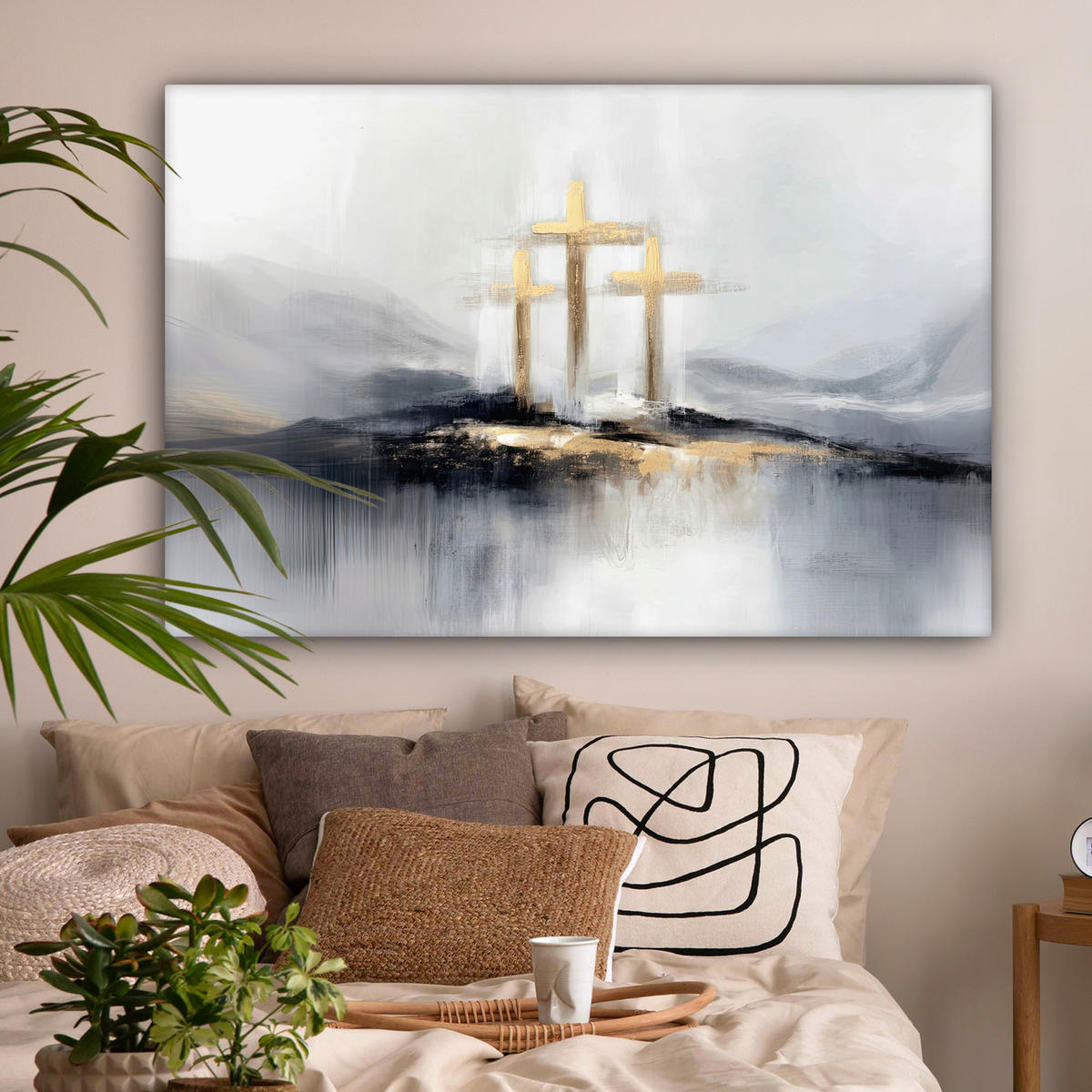 LEINWANDBILD Abstrakt - Malerei - Christentum - Kreuz Groß 140x90 cm - Weiß, Textil (140/90cm) - MuchoWow