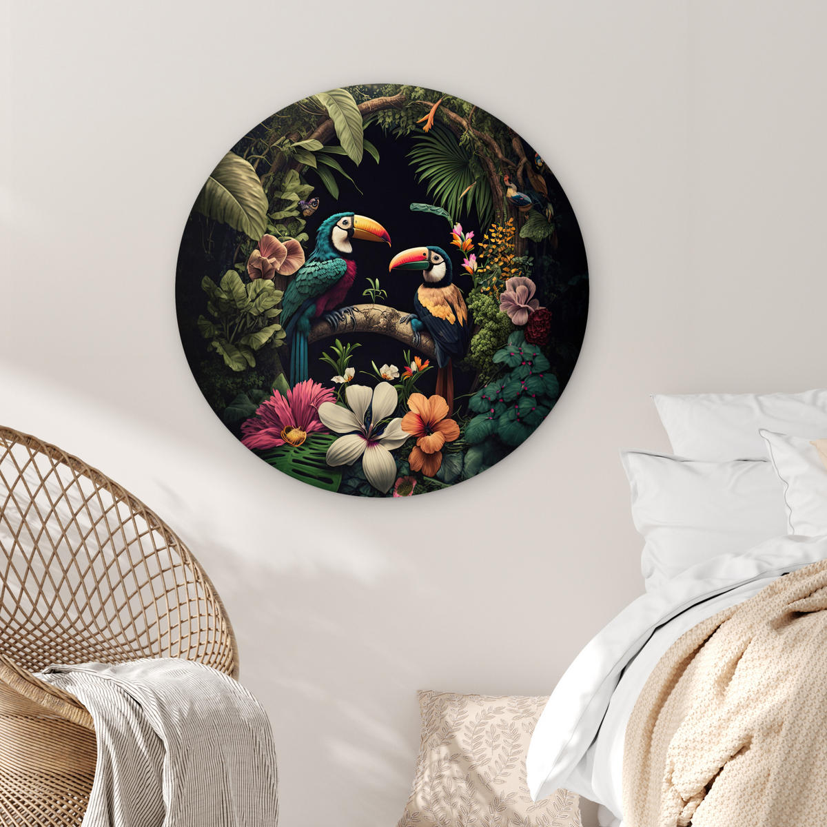 WANDBILD Vogel - Blumen - Pflanzen - Dschungel - Schwarz - Tukan 90x90 cm - Smaragdgrün, Kunststoff (90/90cm) - MuchoWow