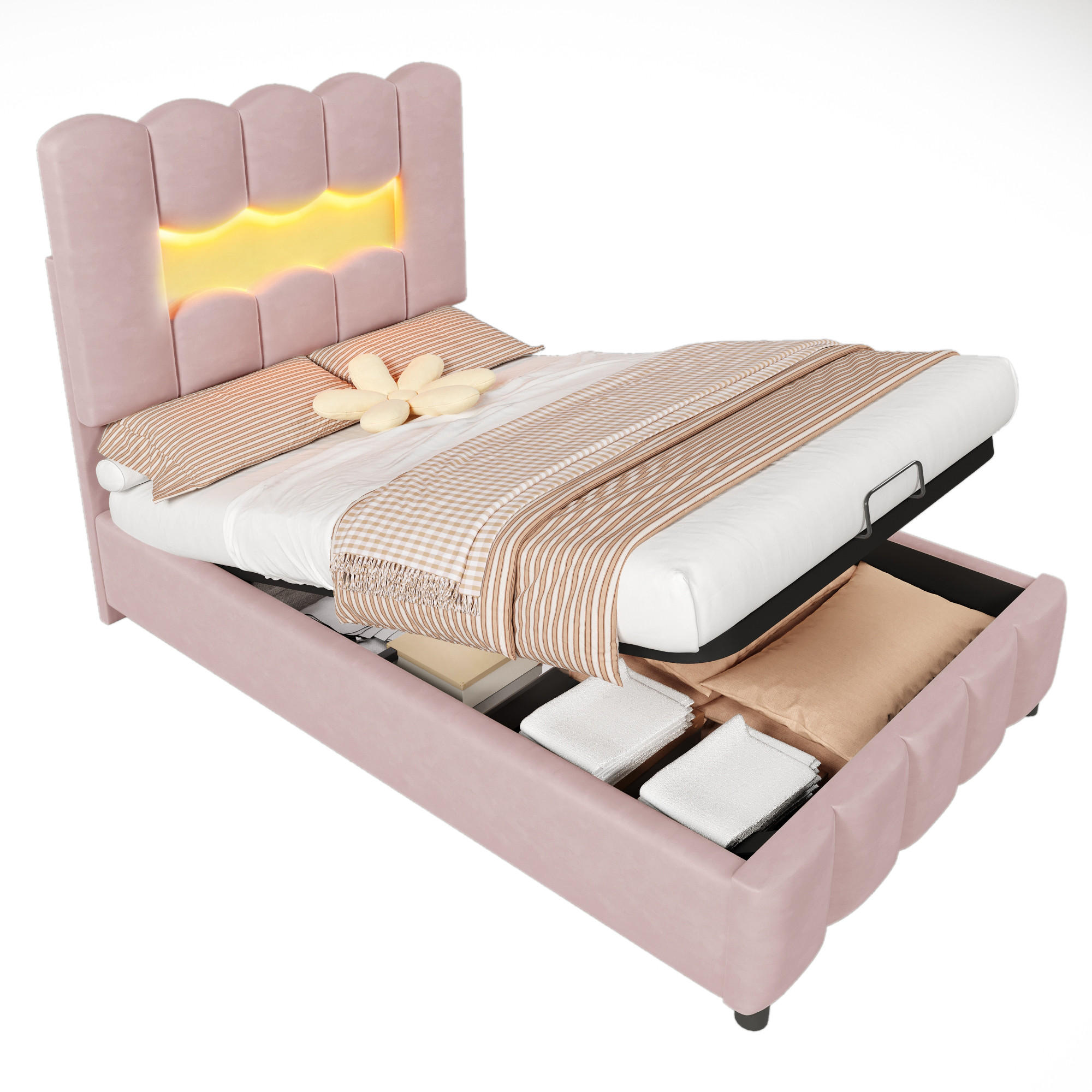 WISHDOR ČALOUNĚNÁ POSTEL 90/200 cm v růžovém sametu s úložným prostorem, LED osvětlením a nastavitelným čelem