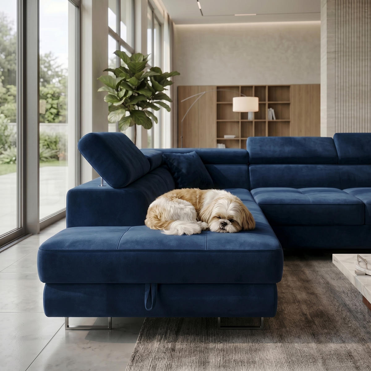 ECKSOFA U-Form WILD MAXI U2 mit Schlaffunktion 125x329 Velours Dunkelblau - Chromfarben/Dunkelblau, Holz/Textil (400/90/203cm) - Muffo