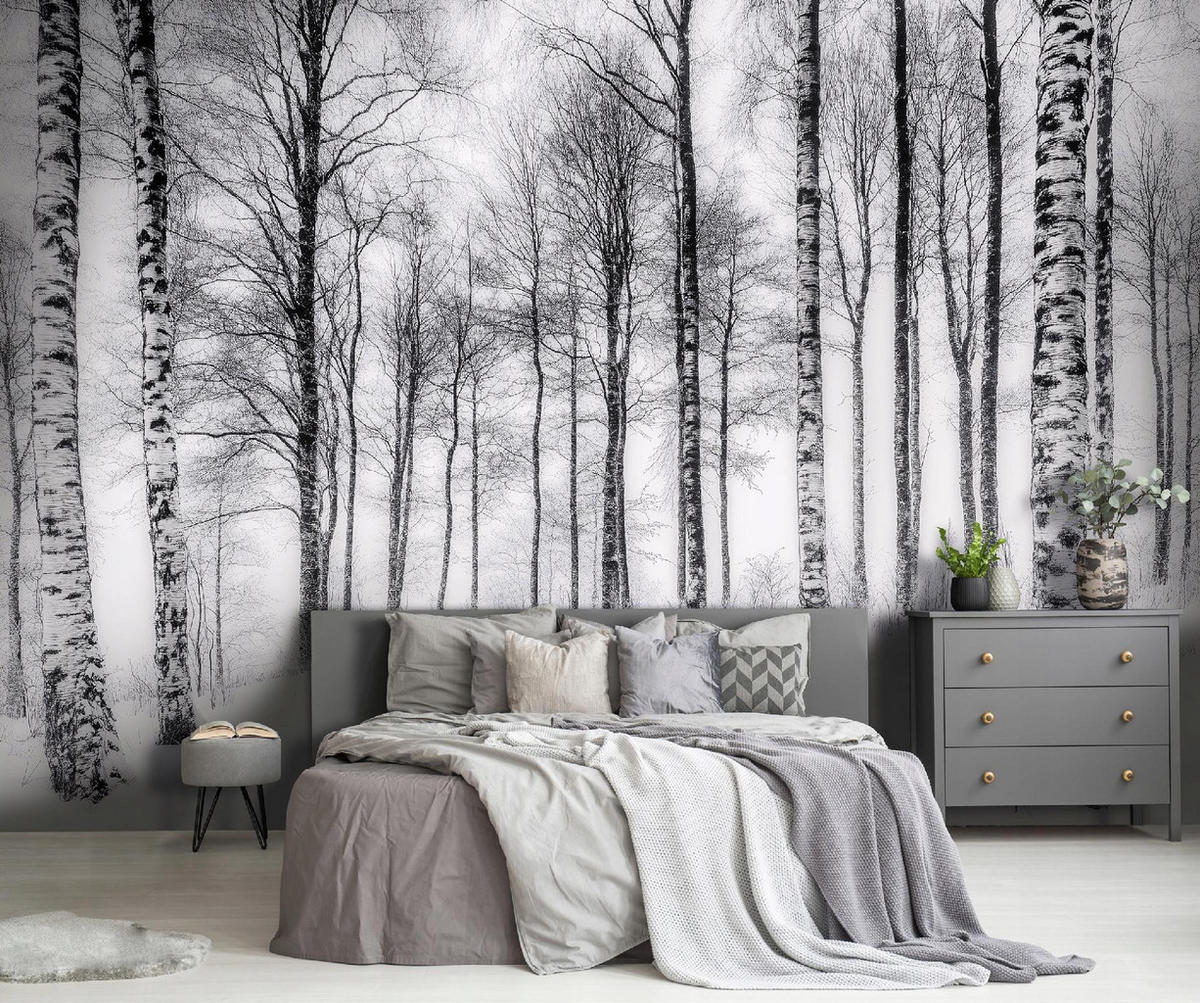 FOTOTAPETE 3D Effekt Wald Birken Bäume Tapete Wohnzimmer 350x250 - Multicolor, Papier (350/250cm) - Wallarena