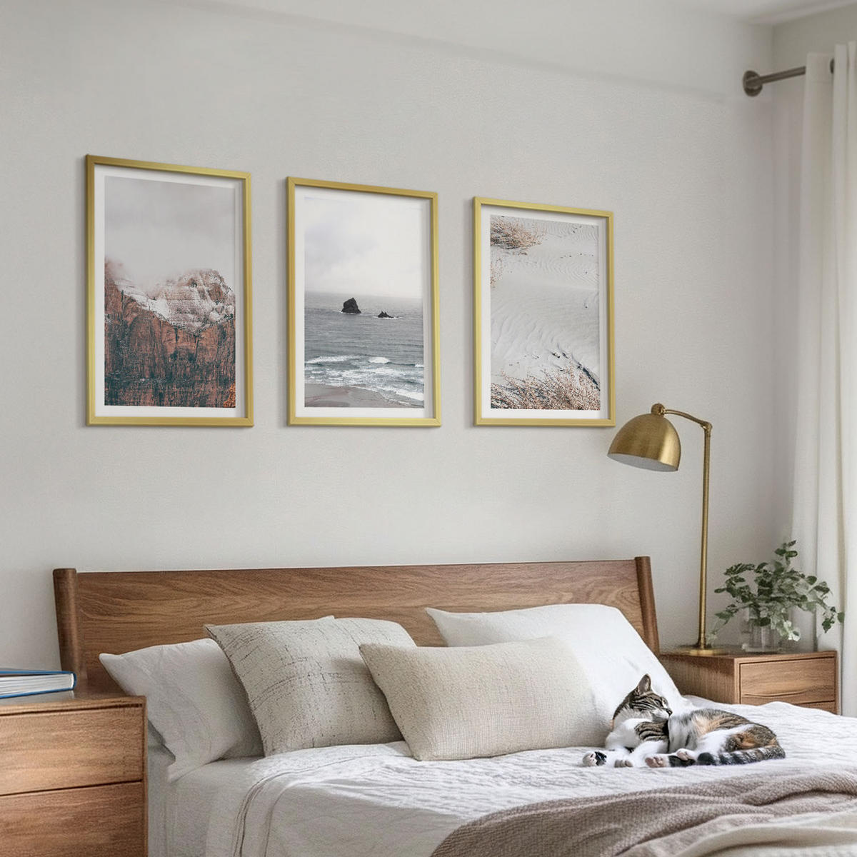 BILDER SET 3er Set - 40x60 cm Goldrahmen - Berge, Wolken, Meer, Sand, Natur - Goldfarben, Kunststoff (40/60cm) - TULUP