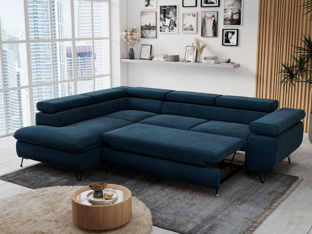 ECKSOFA PETER L Dunkelblau Velvet - Links Seite - Schwarz/Dunkelblau, Textil/Metall (208/273cm) - MKS